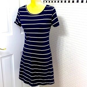 Feager Navy and white stripe poly/spandex knit short sleeve dress. Size Small.